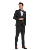 A man wearing a hybrid suit and tuxedo. Black with a satin lining on the shawl lapel. Suit and bowtie.