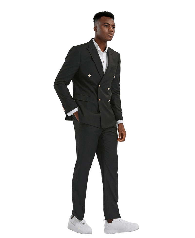 Man wearing a 2-piece solid black suit. A double breasted jacket with solid colored pants.