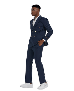 Man wearing a 2-piece solid Navy Blue suit. A double breasted jacket with solid colored pants.