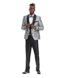 Tazio Skinny Fit Paisley Shawl Collar Suit, Silver / Black