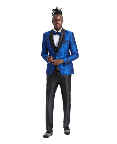 Tazio Skinny Fit Paisley Shawl Collar Suit, Blue / Black