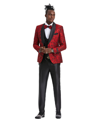 Tazio Skinny Fit Paisley Shawl Collar Suit, Red / Black