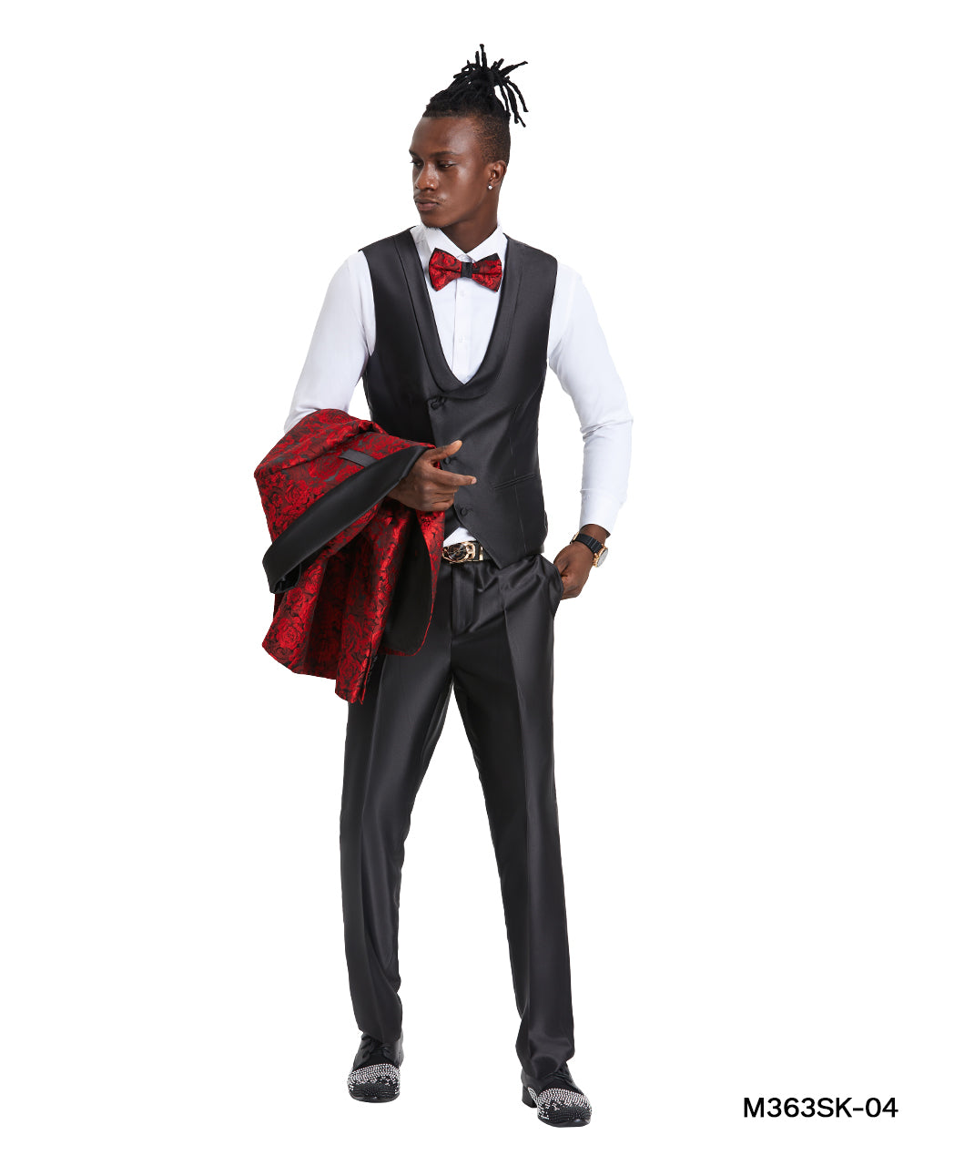 Tazio Skinny Fit Paisley Shawl Collar Suit, Red / Black