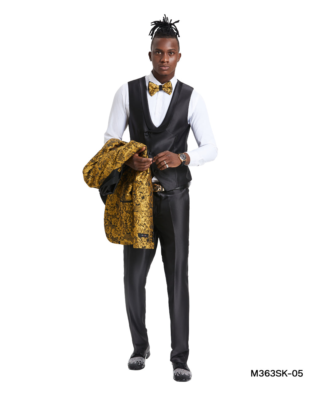 Tazio Skinny Fit Paisley Shawl Collar Suit, Gold / Black