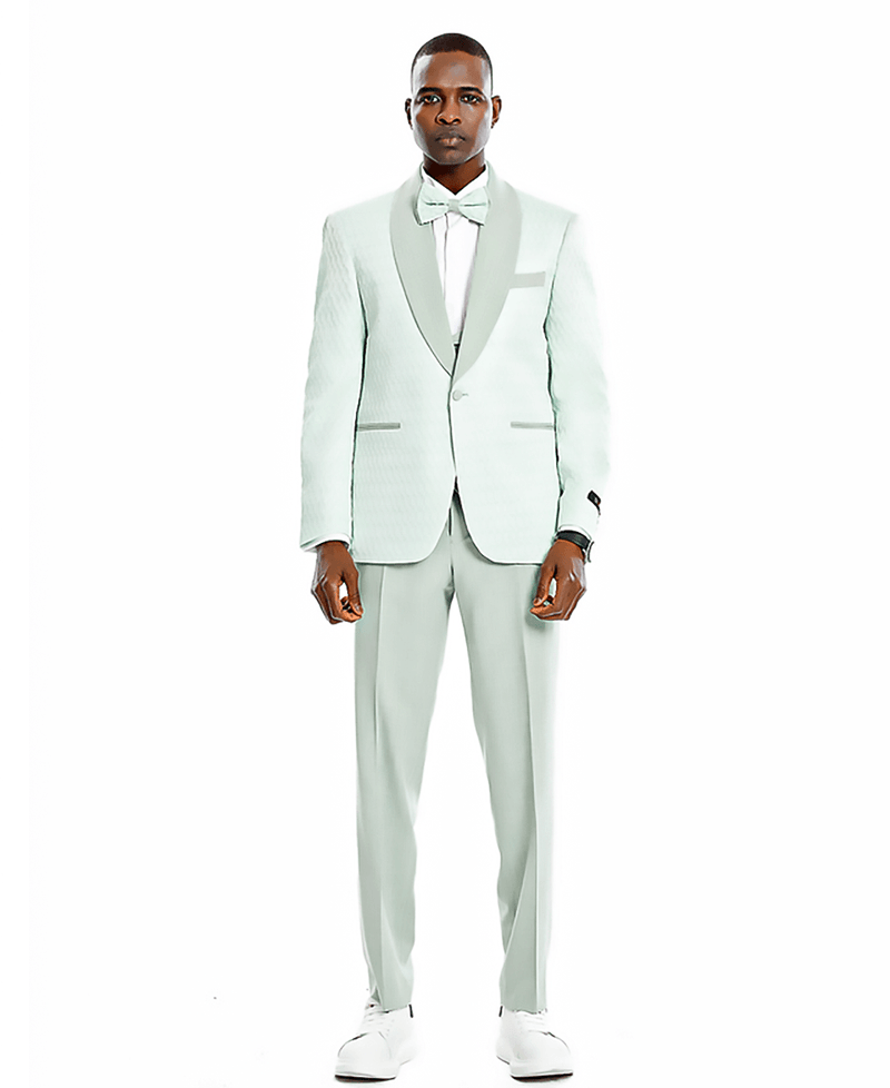 A man wearing a sky blue 3-piece suit. Jacket is Honeycomb Textured. Also wearing Matching bowtie.