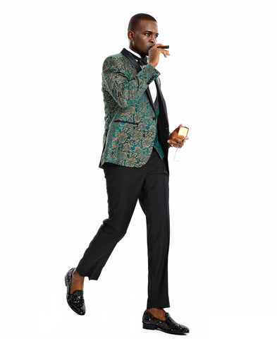 Tazio Skinny Fit Paisley Shawl Collar Suit, Green/Black