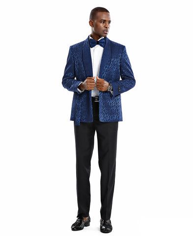 Tazio Skinny Fit Paisley Shawl Collar Suit, Blue w/ Satin Trim