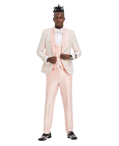 Tazio Skinny Fit Suit Paisley, Shawl Collar Pink