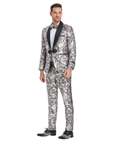 Tazio Skinny Fit Suit Shawl Collar Paisley, Multi-Silver
