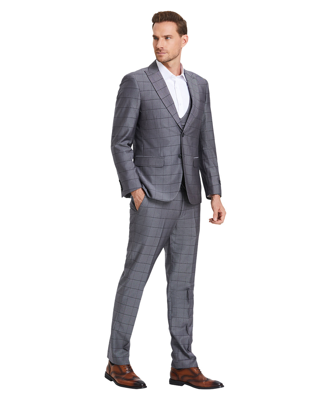 Tazio Traje ajustado a cuadros con ventana, chaleco en forma de U con doble botonadura, gris plomizo