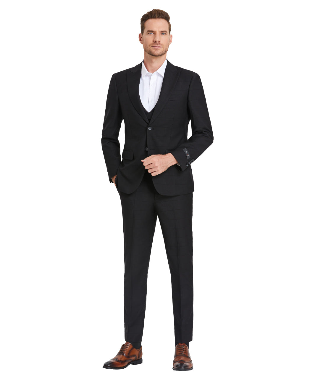 Tazio Skinny Fit Window Plaid Suit, Double Breast U-Shape Vest, Black
