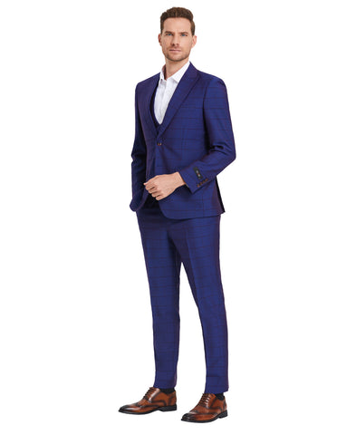 Tazio Skinny Fit Window Plaid Suit, Double Breast U-Shape Vest, Admiral Blue