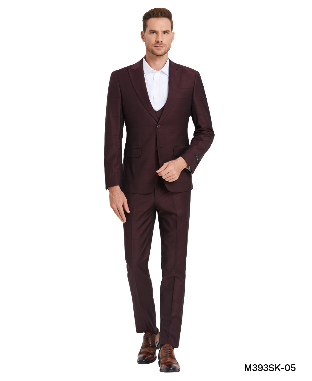Tazio Skinny Fit Window Plaid Suit, Double Breast U-Shape Vest, Wine
