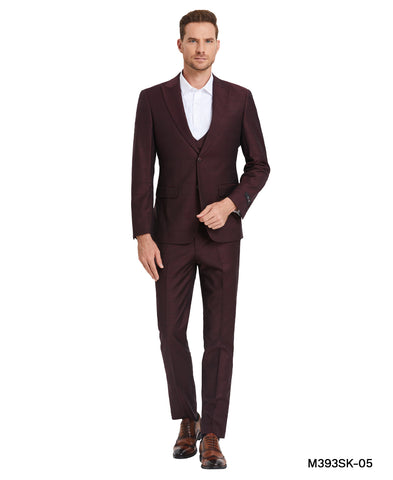 Tazio Skinny Fit Window Plaid Suit, Double Breast U-Shape Vest, Wine