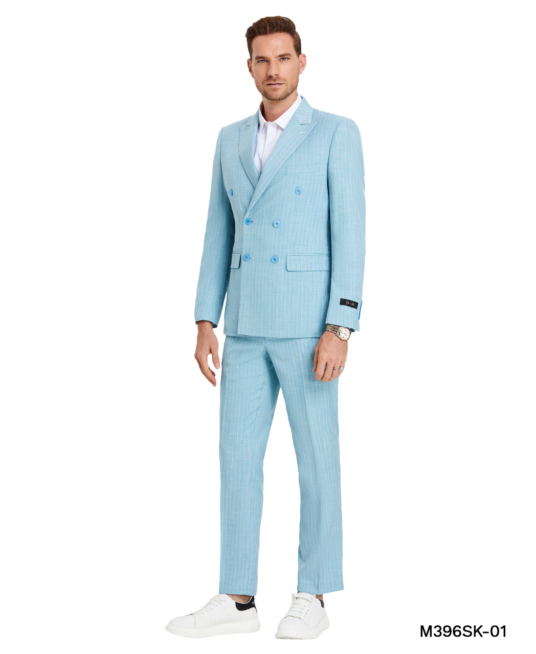 Tazio Skinny Fit Pinstripe Double-breasted Suit, Celeste
