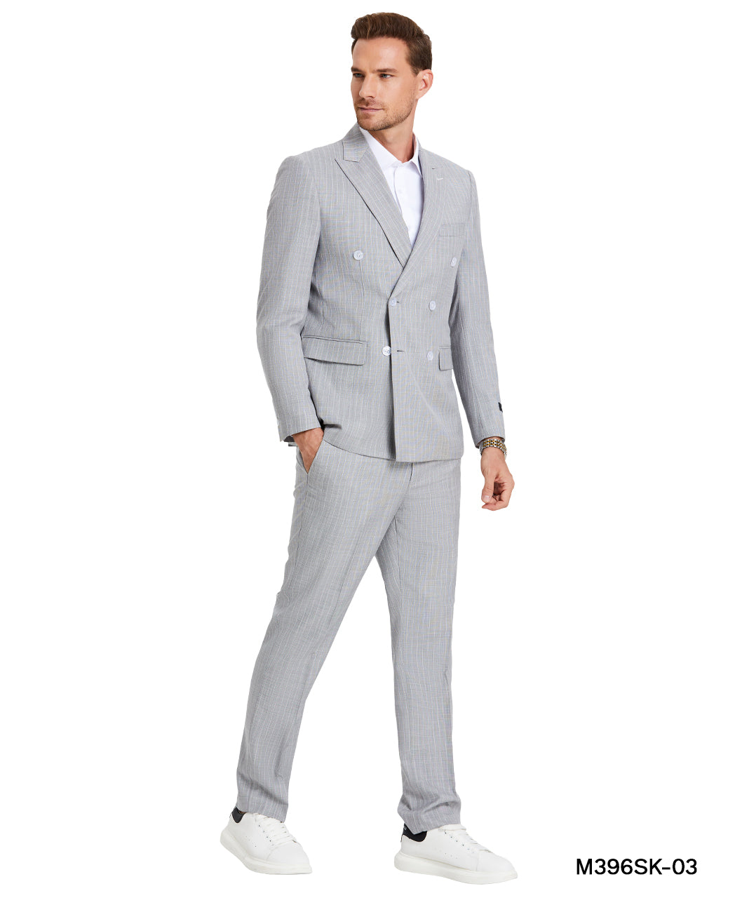 Tazio Skinny Fit Pinstripe Double-breasted Suit, Light Grey
