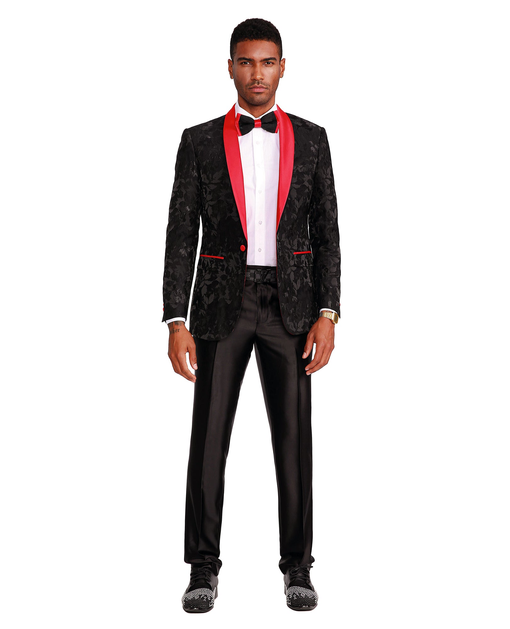 Men's Premium Prom Floral Satin Shawl Collar Jacket, Black/Red