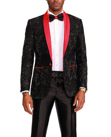 Men's Premium Prom Floral Satin Shawl Collar Jacket, Black/Red
