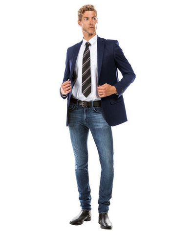 A picture of a man wearing Jacket colored Deep Ocean Blue from the Suits & Separates Collection By Zegarie (brand).