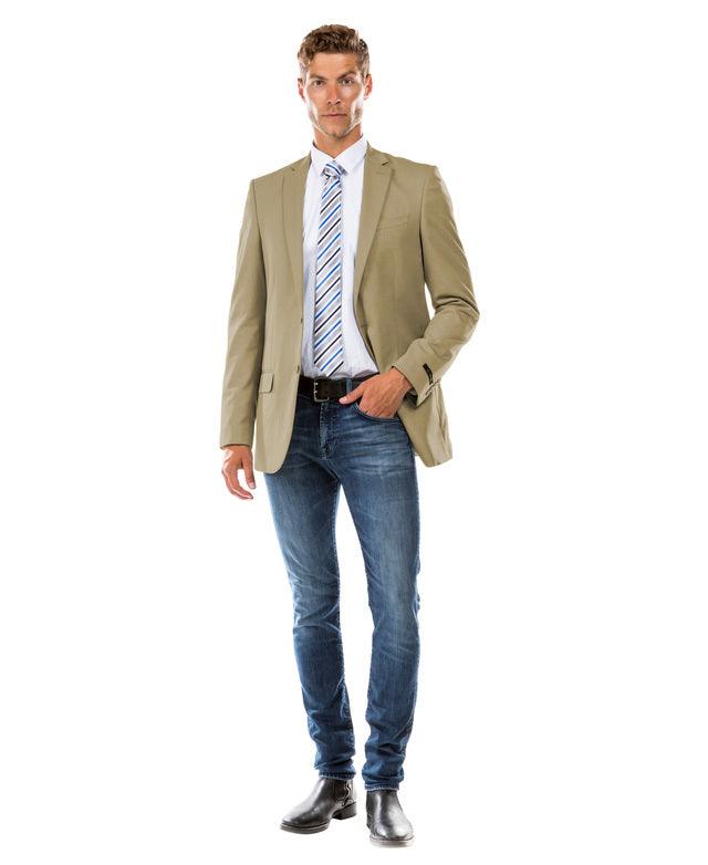 A picture of a man wearing Jacket colored Tobacco Tan from the Suits & Separates Collection By Zegarie (brand).