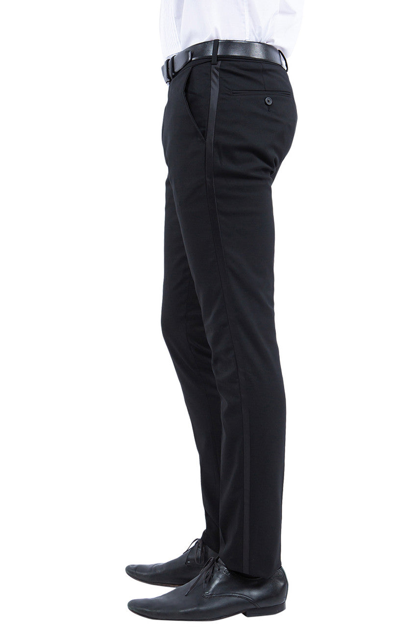 Pantalones con separación de esmoquin ajustados de Zegarie, negro con ribete de satén