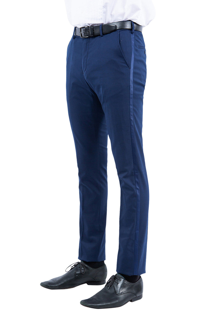 Pantalones con separación de esmoquin ajustados de Zegarie, azul marino con ribete de satén