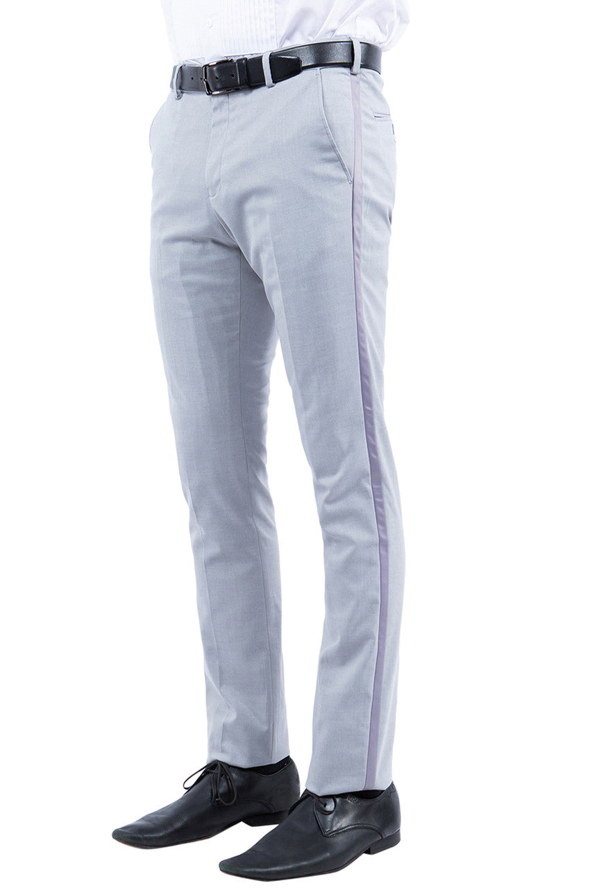 Pantalones con separación de esmoquin ajustados de Zegarie, gris con ribete de satén