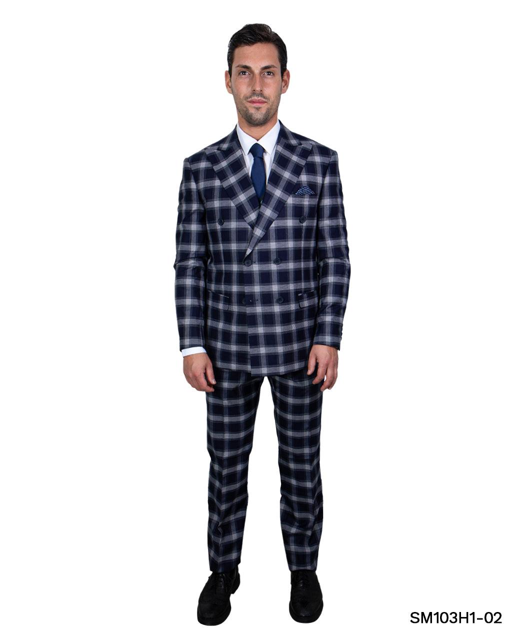 Stacy Adams Hybrid Fit Double-Breast Suit, Navy Blue & White Plaid - Julinie