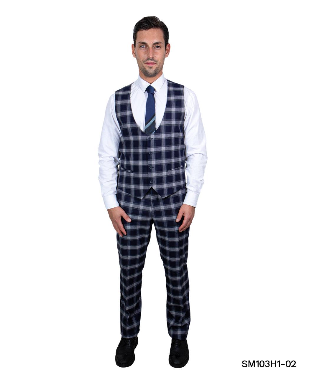 Stacy Adams Hybrid Fit Double-Breast Suit, Navy Blue & White Plaid - Julinie