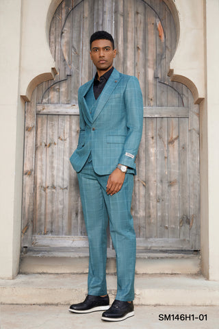 Stacy Adams Hybrid-Fit Vested Suit, Teal Windowpane