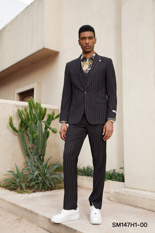 Stacy Adams Hybrid-Fit Vested Suit, Black Pinstriped
