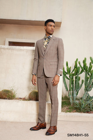Stacy Adams Hybrid-Fit Vested Suit, Light Brown Windowpane